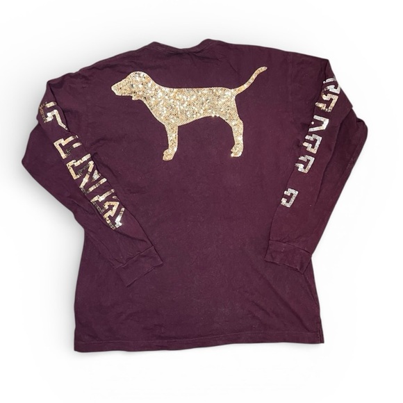 PINK Victoria's Secret Tops - Victoria's Secret Pink Maroon Dog Sequin Oversize Campus Long Sleeve T-Shirt